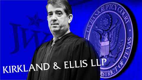 Montage of David Jones, Kirkland & Ellis logo and seal of the US bankruptcy court for Texas