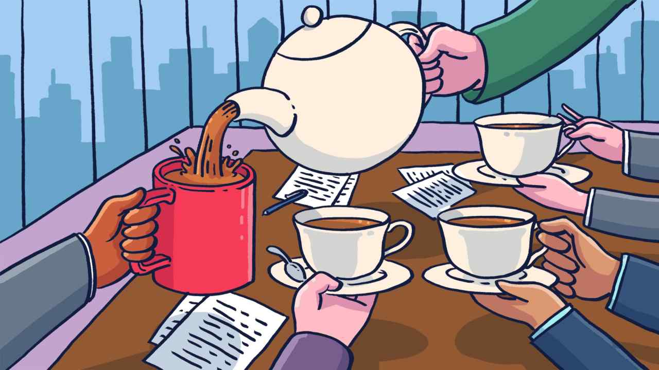 Illustration of hands holding out three teacups and one big mug while another hand holding a teapot pours tea into all of them