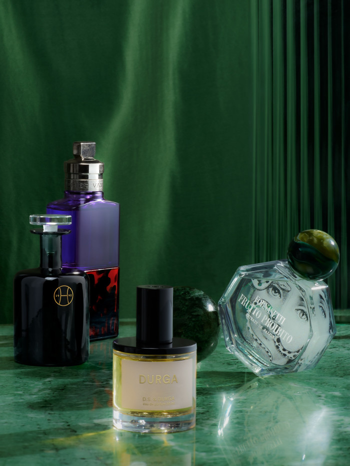 From left: Perfumer H Ink Handblown, £560 for 100ml EDP. Dries Van Noten Fleur du Mal, £240 for 100ml EDP. DS & DURGA Gold Label Durga, $380 for 50ml EDP. Fornasetti Frutto Proibito, £480 for 100ml EDP