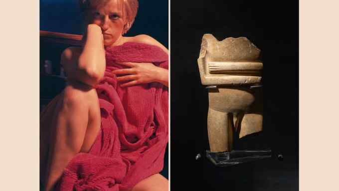 Two images, on the left is a woman wrapped in a red towel with short blonde hair. The other is a photo of a broken stone figurine with two arms across the head and no head