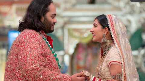 Anant Ambani, son of Indian billionaire Mukesh Ambani, and Radhika Merchant, daughter of industrialist Viren Merchant,  during their wedding celebrations in Mumbai, India