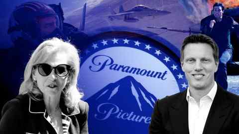 Montage of Shari Redstone, David Ellison, Paramount logo and still image from the Top Hun and Mission Impossible films
