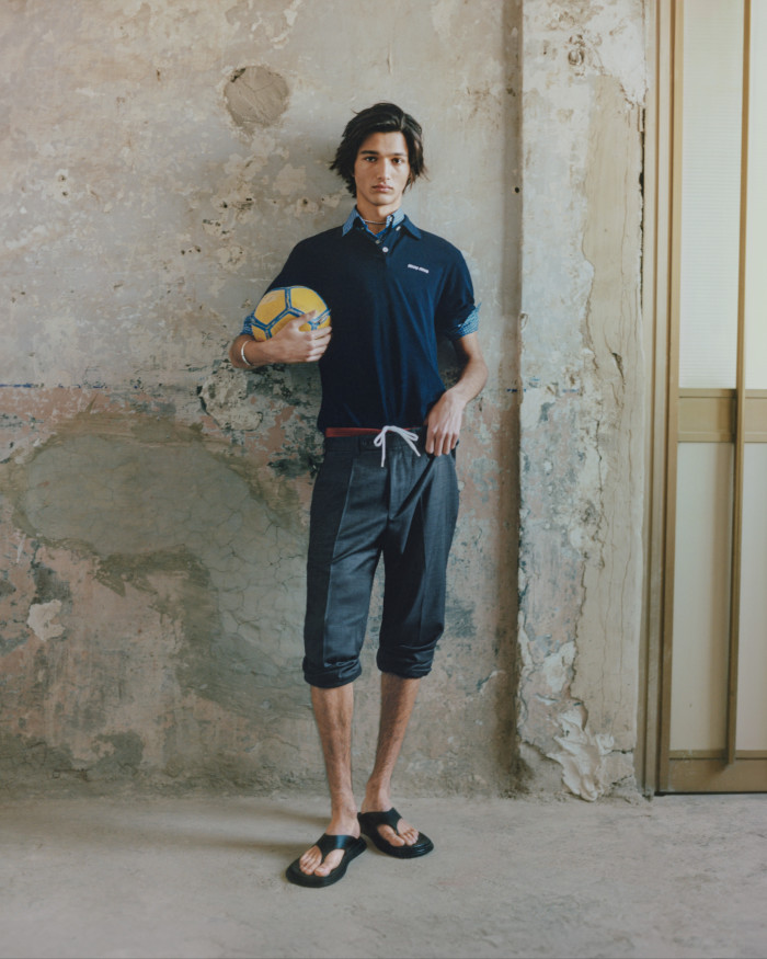 Miu Miu cotton polo shirt, £675, cotton shirt, £870, and nylon swim briefs (just seen), £610. Canali wool trousers, £432. Ferragamo leather sandals, £720. Givenchy metal necklace, £340. Bangle, model’s own