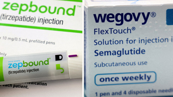 A combination image shows an injection pen of Zepbound, Eli Lilly’s weight loss drug, and boxes of Wegovy, made by Novo Nordisk