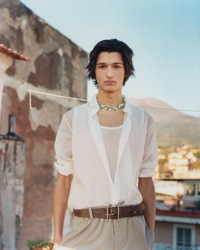 Hermès silk wrinkled shirt, £900, silk vest, £580, cotton poplin trousers, £780, and leather belt, £1,700. Panconesi rhodium-plated-brass and glass Vacanza necklace, £290. Bangle (just seen), model’s own