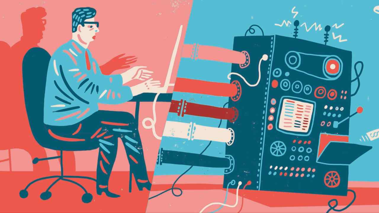 A colorful and abstract illustration of a man typing at a computer desk, with several robotic arms extending from a machine towards the person. The image is split into two contrasting halves, with the left side in red and the right side in blue