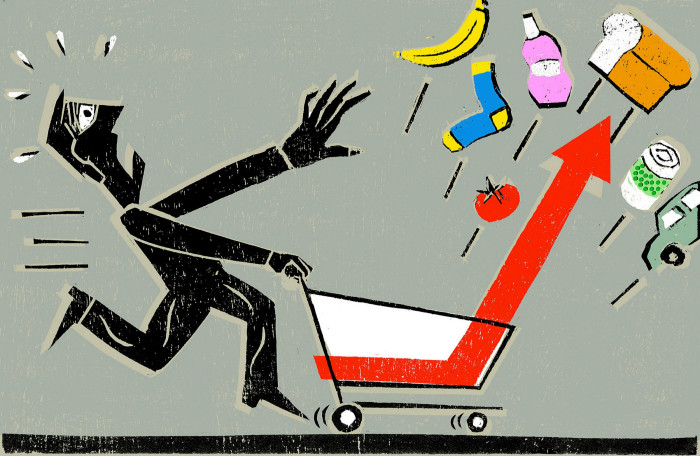 An illustration of a man running and chasing things flying out of his shopping cart