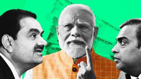 a montage of images showing Adani, Modi and Ambani in front of Indian bank notes