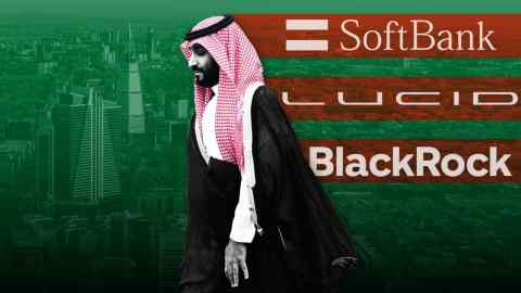 Mohammed Bin Salman, Riyadh skyline and logos of Softbank, Lucid Motors and BlackRock