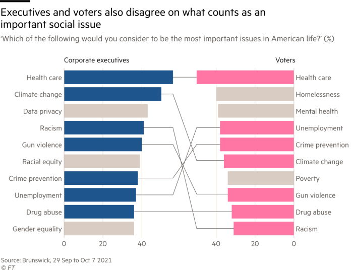 A chart showing that executives and voters disagree on what counts as an important social issue. 