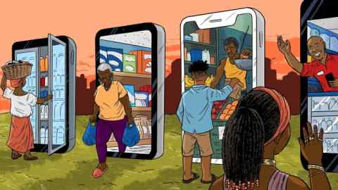 An illustration shows four people engaging in various shopping activities using giant smartphone screens as doorways. On the far left, a woman carries a basket on her head while opening a refrigerated section of a phone. Next, an older woman walks out of a phone carrying shopping bags. In the third phone, a young man picks fresh produce handed to him by a vendor. On the far right, a man in a red shirt, possibly a store employee, smiles and waves from behind another smartphone screen. The scene is set against an orange sky and grassy ground