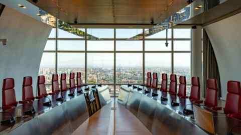 The boardroom table in the boardroom of UniCredit at the company’s headquarters in Milan,