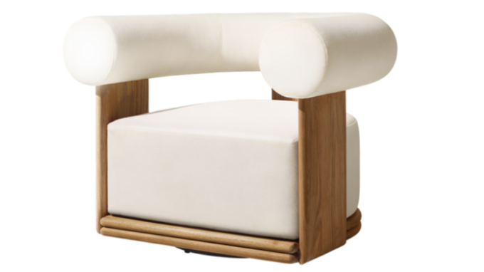 fully upholstered chair with a tubular back rest and thick cushioned seat