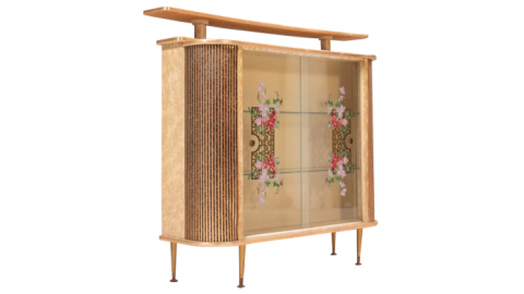 A bar cabinet with glass doors decorated with a floral motif