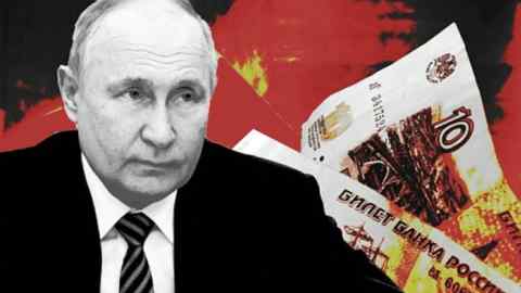 A montage of Vladimir Putin’s photo and some rouble notes