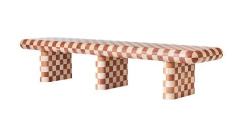 a bench with with three legs, with rounded corners with a checkered pattern