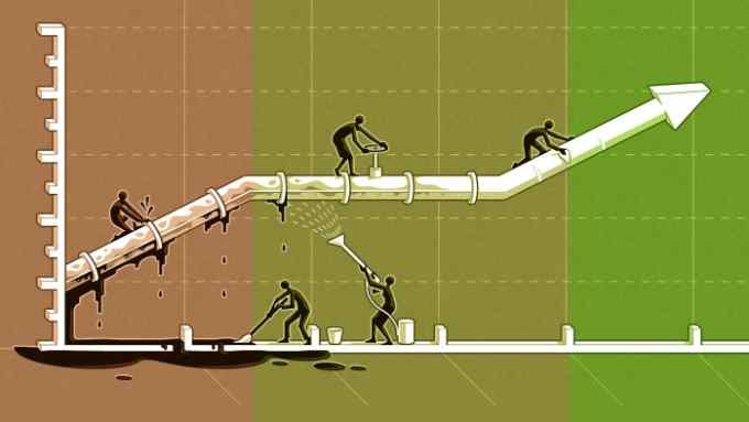 People working on a leaky oil pipeline which looks like a company line chart. The upward bit of the line is devoid of oil, having been cleaned by the people, indicating that cleaner investments make for better profits