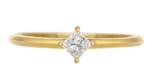 A close-up image of an elegant yellow gold ring featuring a prominent princess cut diamond set in a minimalist design