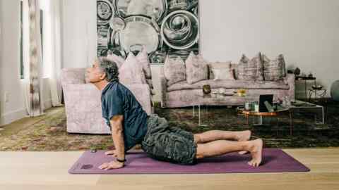 Deepak Chopra practising yoga at home in Manhattan