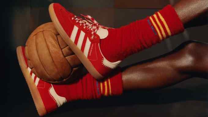 The sold-out Adidas Originals by Wales Bonner scarlet Sambas with contrast topstitching