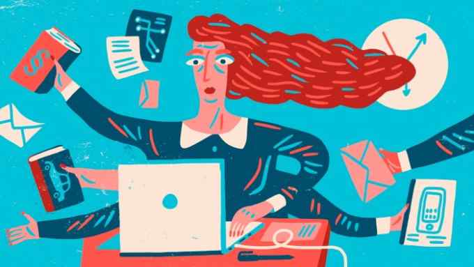 A vibrant illustration of a woman multitasking at a desk, surrounded by various items such as books, papers, an envelope, and a smartphone. Her red hair flows wildly as she works on a laptop. The background features a large clock