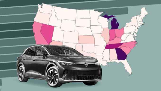 A montage of a Volkswagen vehicle, a US map and an underlaid horizontal bar chart