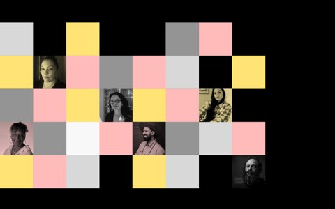 A graphic featuring small colourful squares and headshots. 