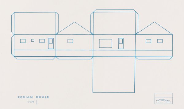 Frank Shebageget, Model For Canadian Indian Homes, 2021. Screenprint in blue ink on wove cotton paper.