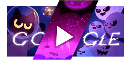 Animated illustration depicting a black cat wearing space gear and holding a wand on the left side and a bunch of ghosts on the right side. White lightening-like Google letters are positioned in the middle with a play button blinking in the center. The background is purple and pink.