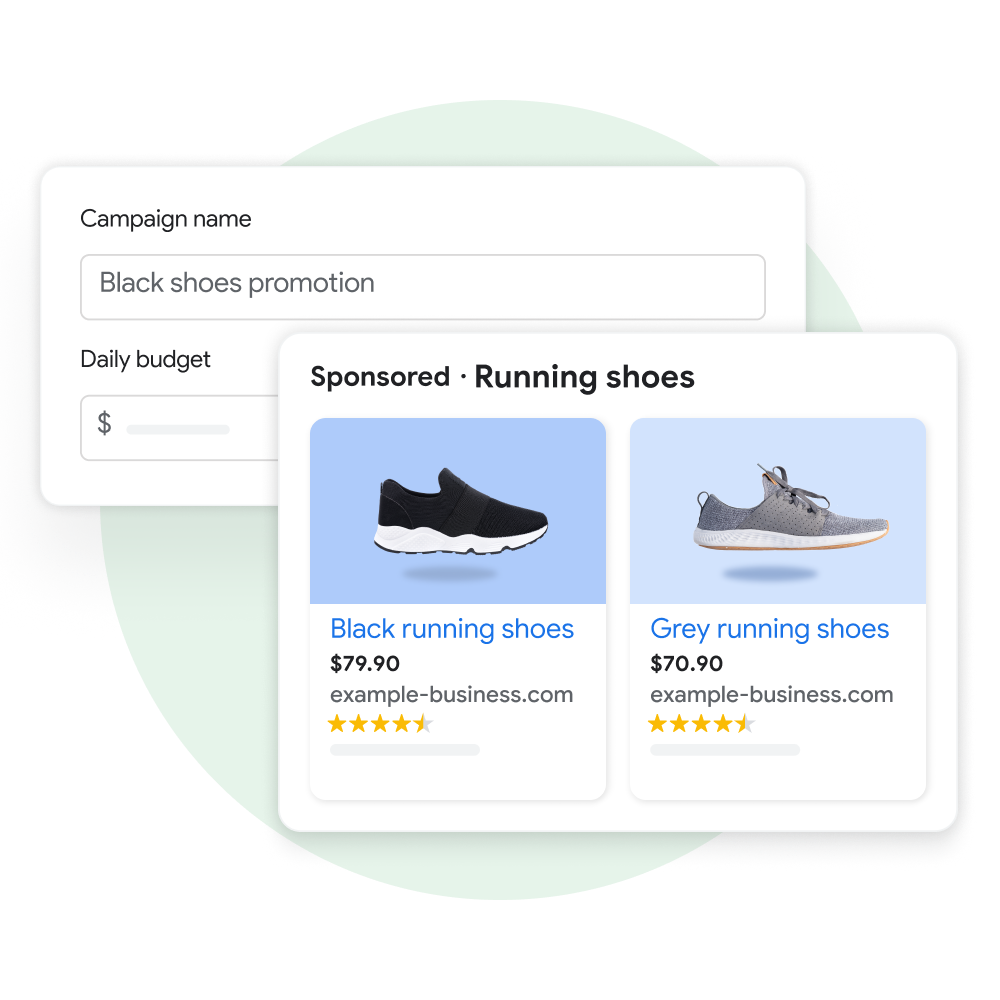 Two user interface modules: One demonstrating a user creating a name and budget for a new campaign in Performance Max and the other displaying the customer experience of seeing sponsored product listings on Google Search as a result of that campaign.