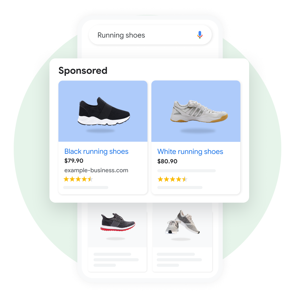 User interface demonstrating a user searching for running shoes on Google, with a pop out of the sponsored results enhanced for emphasis.