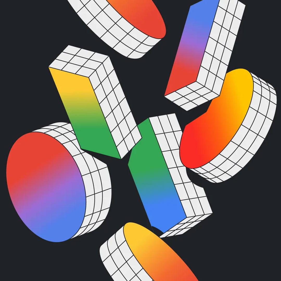 A collection of Google I/O illustrations with vibrant gradients