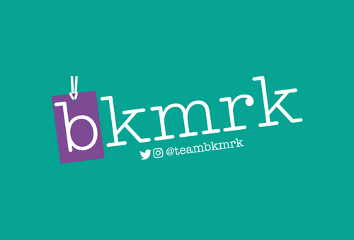 The Bookmark logo of the letter B K M R K on a green background. The letter B is sitting on a purple name tag that resembles a bookmark.