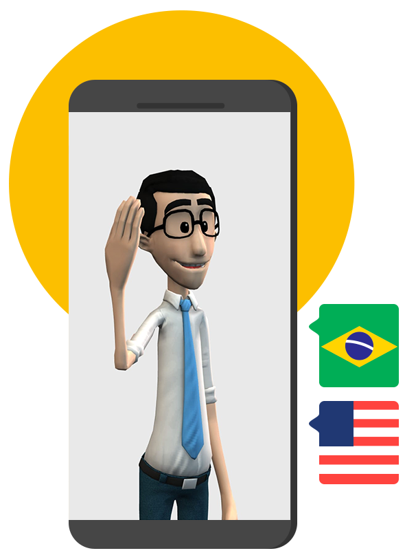 Ilustração de um smartphone com o app da Hand Talk e o Hugo sinalizando. Ao lado, as bandeiras do Brasil e Estados Unidos.