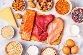 Healthy sources of protein: meat, fish, dairy products, nuts, legumes, and grains