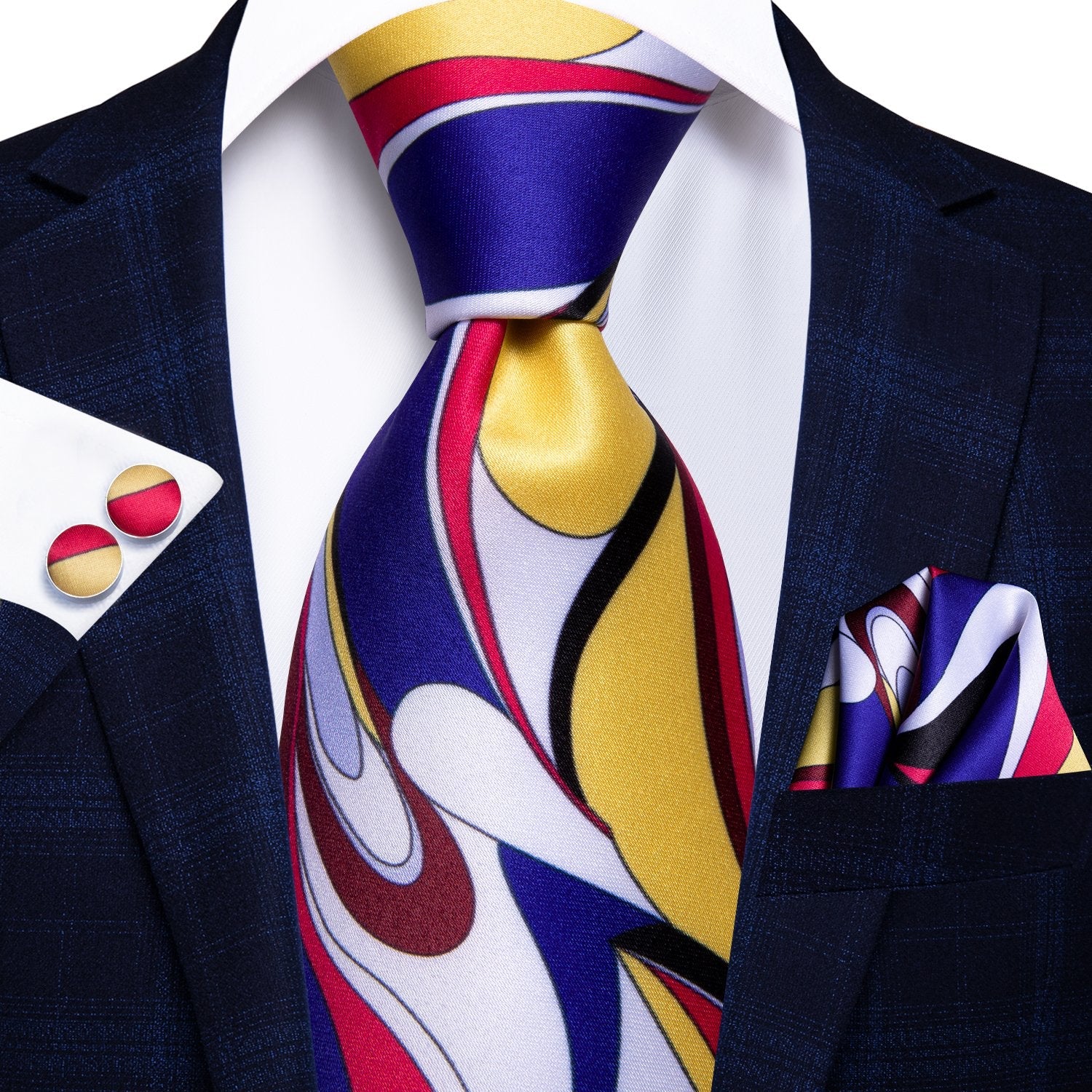 Red Yellow Blue Novelty Silk Men's Tie Hanky Cufflinks Set