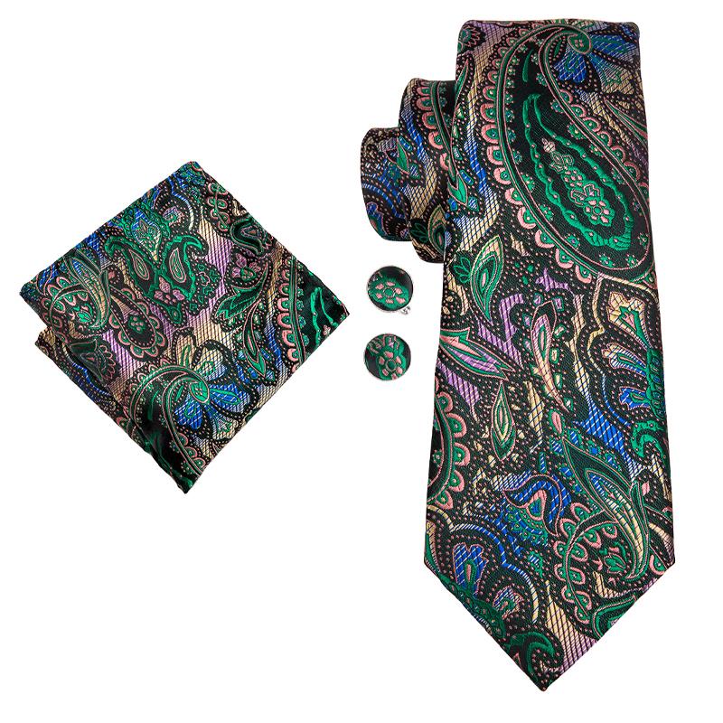 Black Green Paisley Silk Tie Pocket Square Cufflinks Set