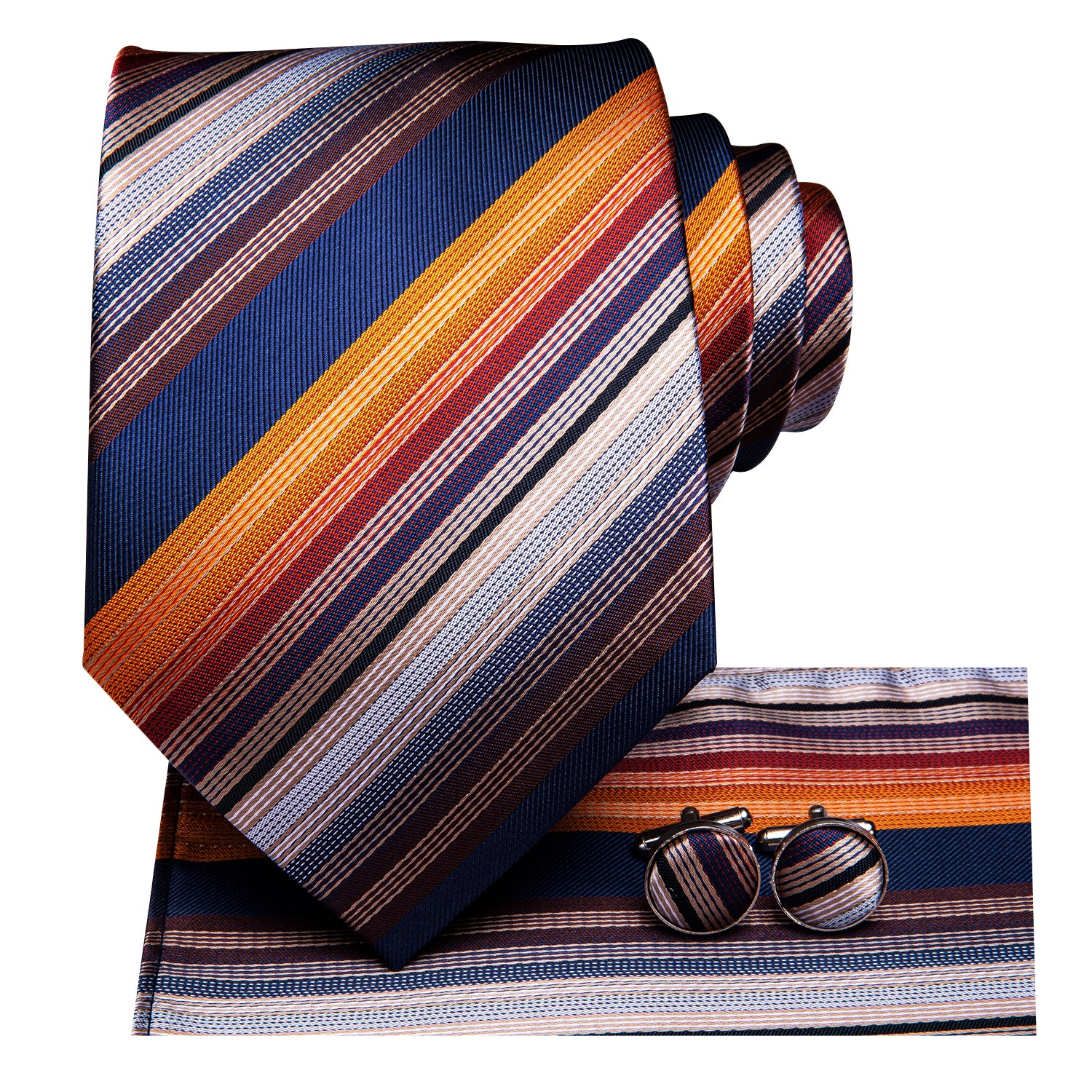  Orange Necktie Blue Striped Men Tie Pocket Square Cufflinks Set