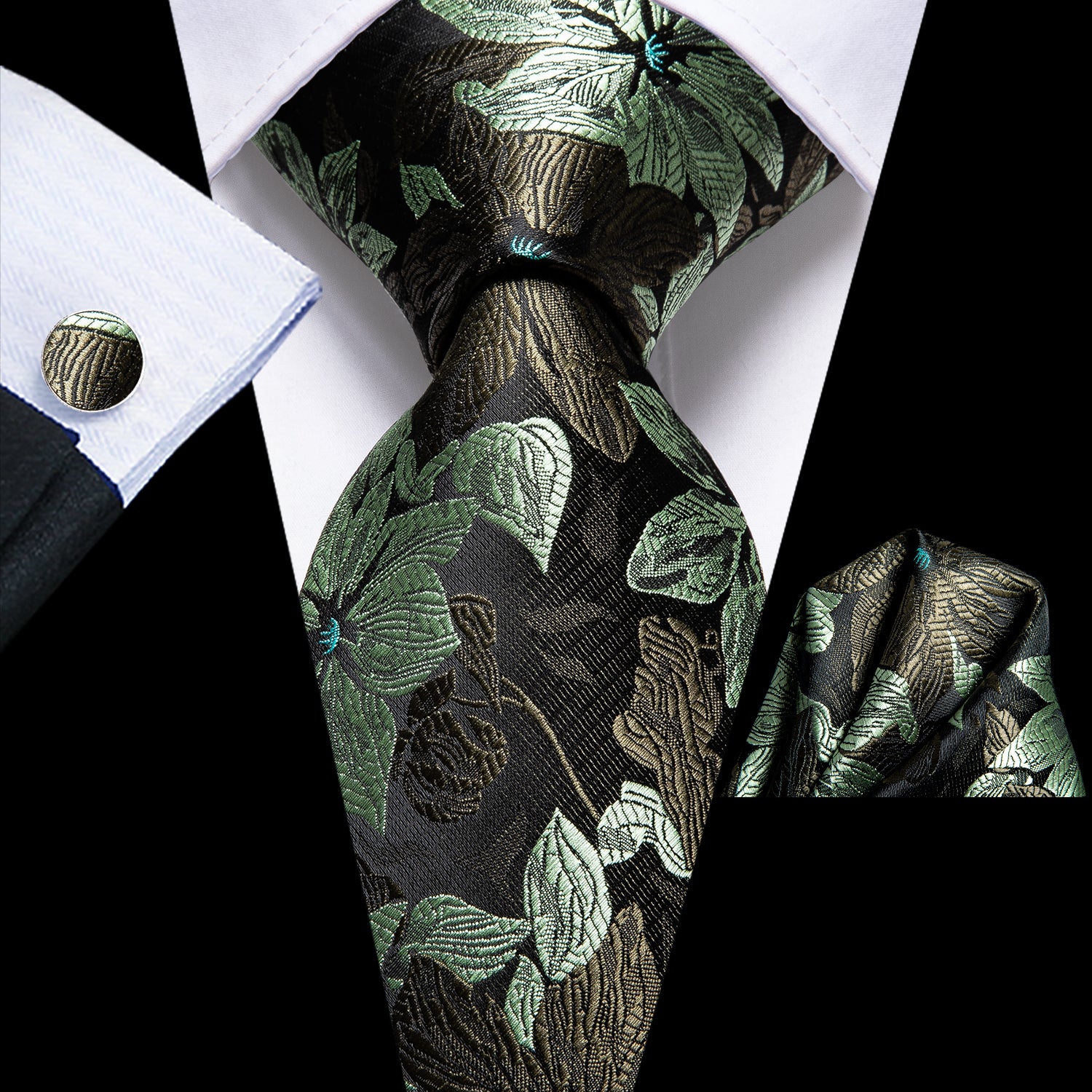 Necktie Black Green Floral Men Tie Pocket Square Cufflinks Set