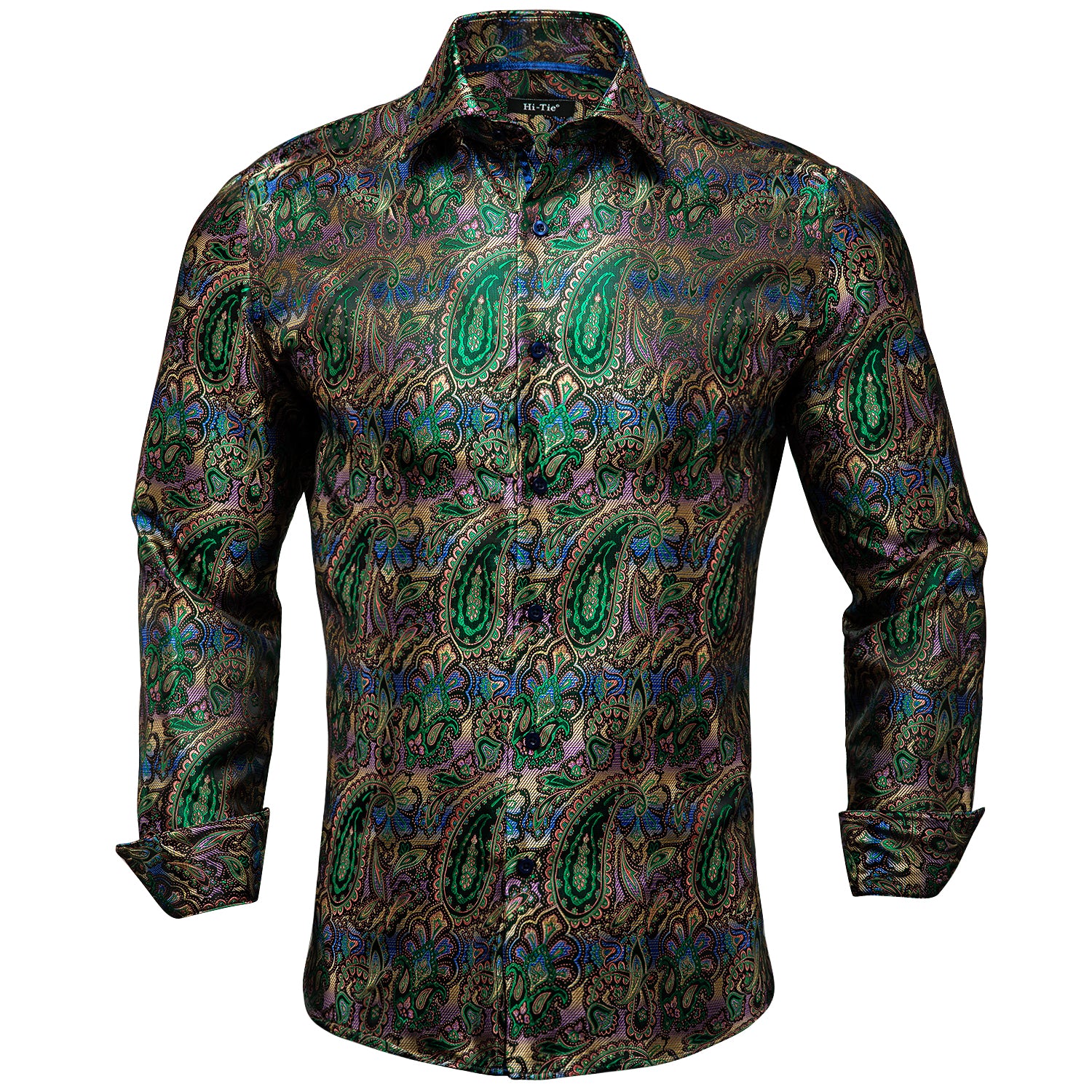 Hi-Tie Green Blue Paisley Shirt Long Sleeve Shirt