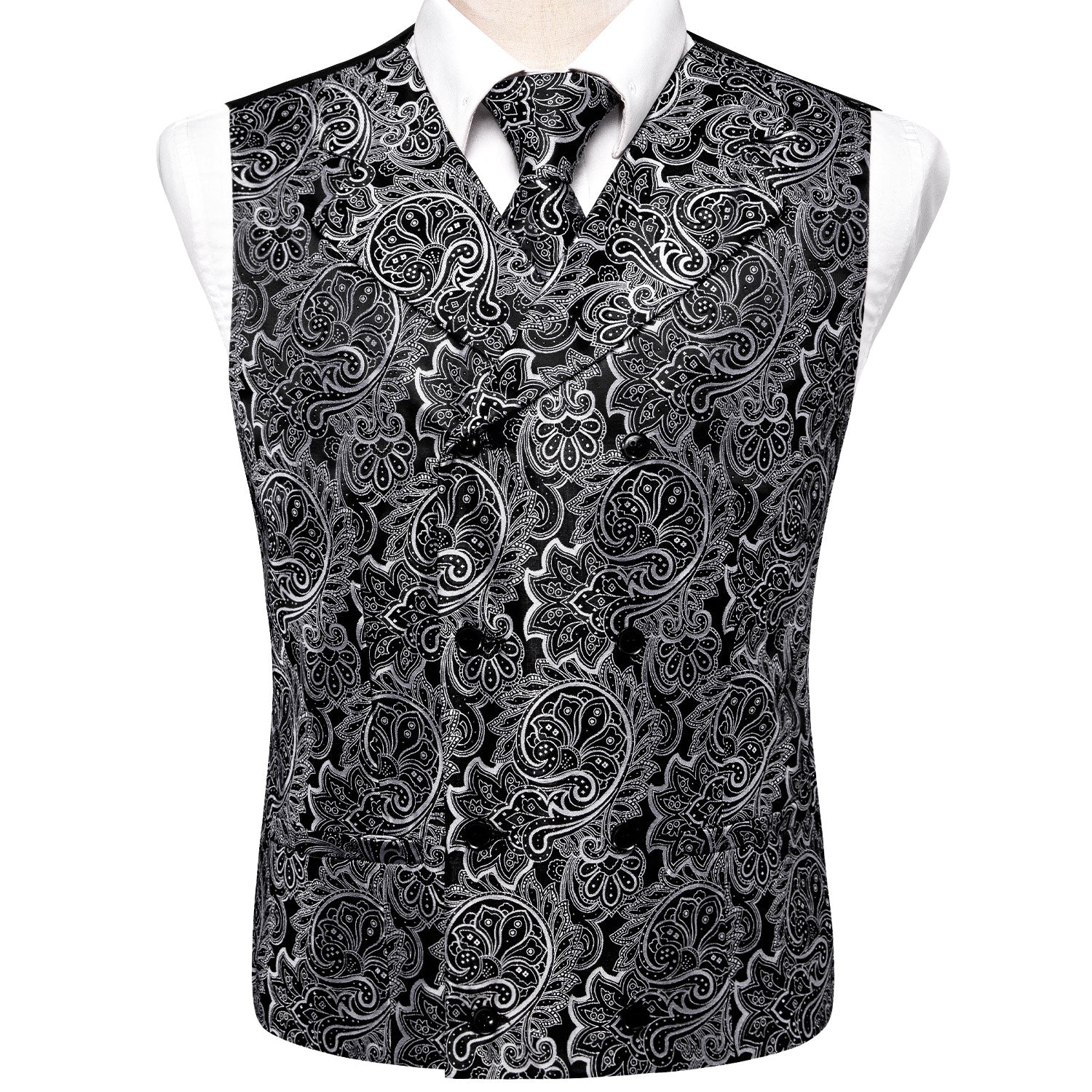 Black White Paisley Silk Men's Vest Hanky Cufflinks Tie Set Waistcoat Suit Set