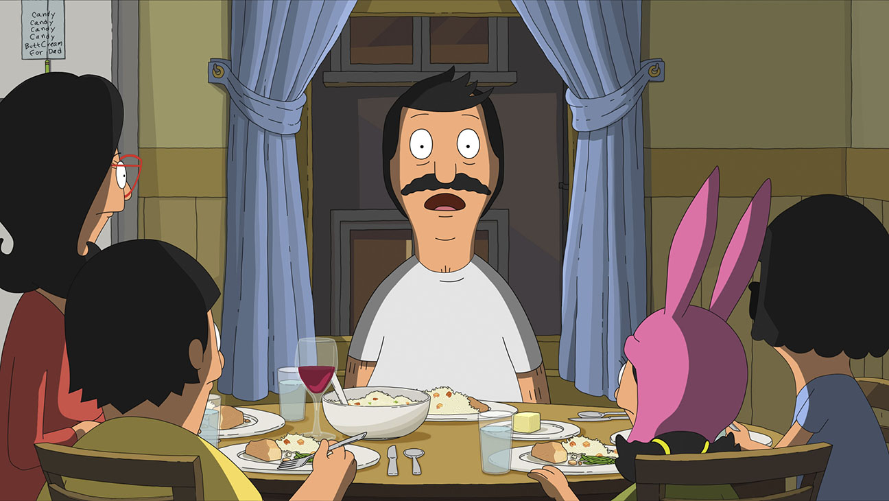 (L-R): Linda Belcher (voiced by John Roberts), Bob Belcher (voiced by H. Jon Benjamin), Tina Belcher (voiced by Dan Mintz), Louise Belcher (voiced by Kristen Schaal), and Gene Belcher (voiced by Eugene Mirman) in 20th Century Studios' THE BOB'S BURGERS MOVIE.