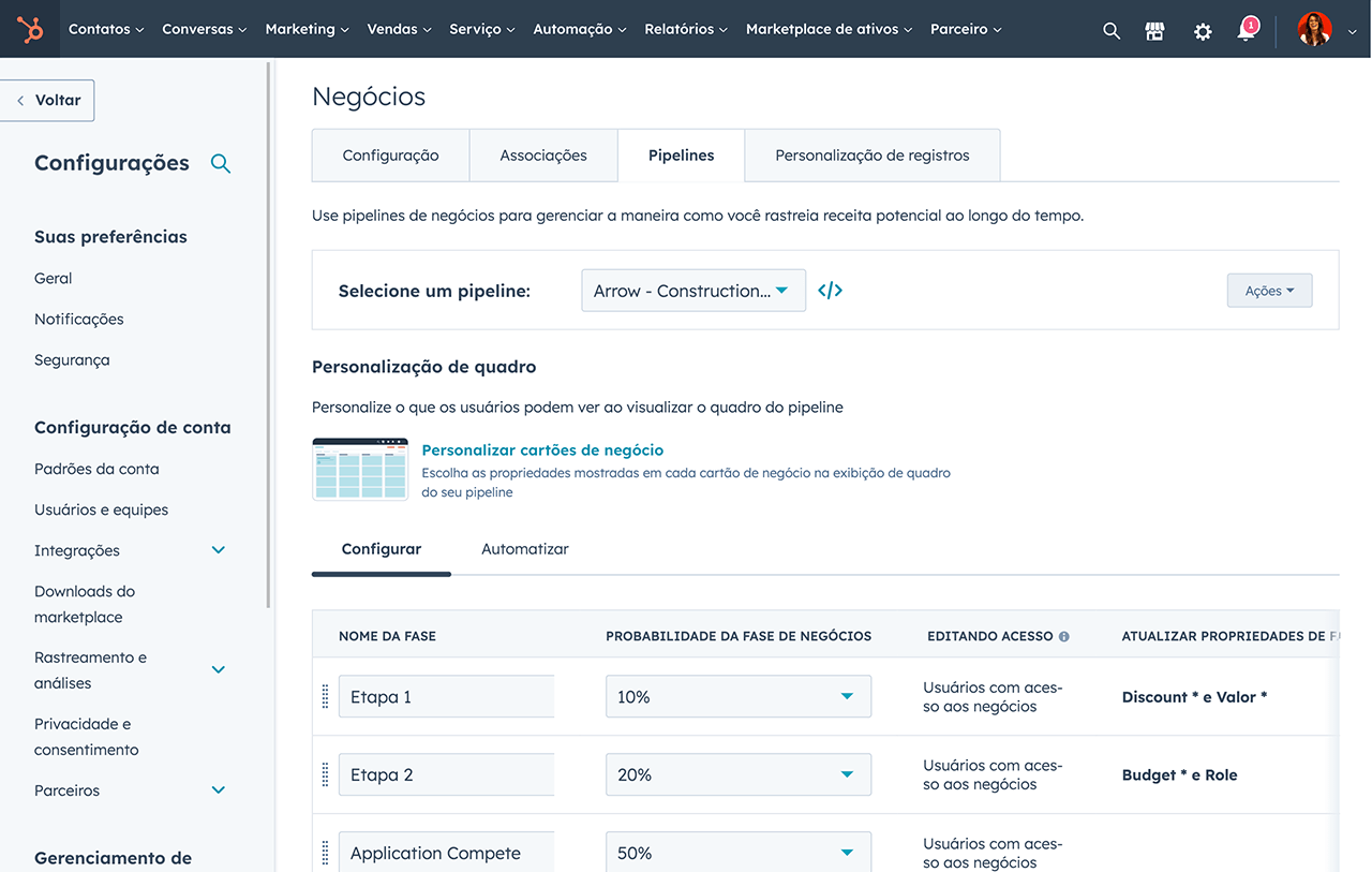 Personalize seu pipeline de vendas - software da HubSpot