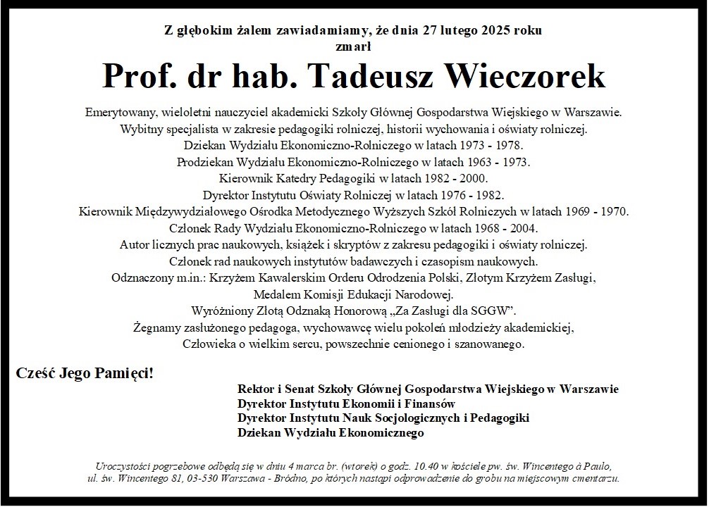 Zmarł Prof. dr hab. Tadeusz Wieczorek