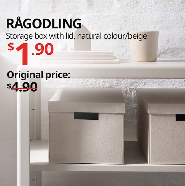 RÅGODLING Storage box with lid, natural colour/beige. Price in red: $1.90. Original price: $4.90.