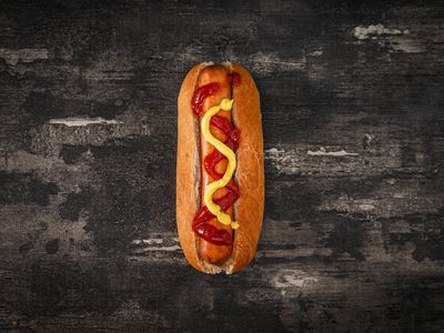 Directly Above Shot Of Hot Dog On Rustic Table