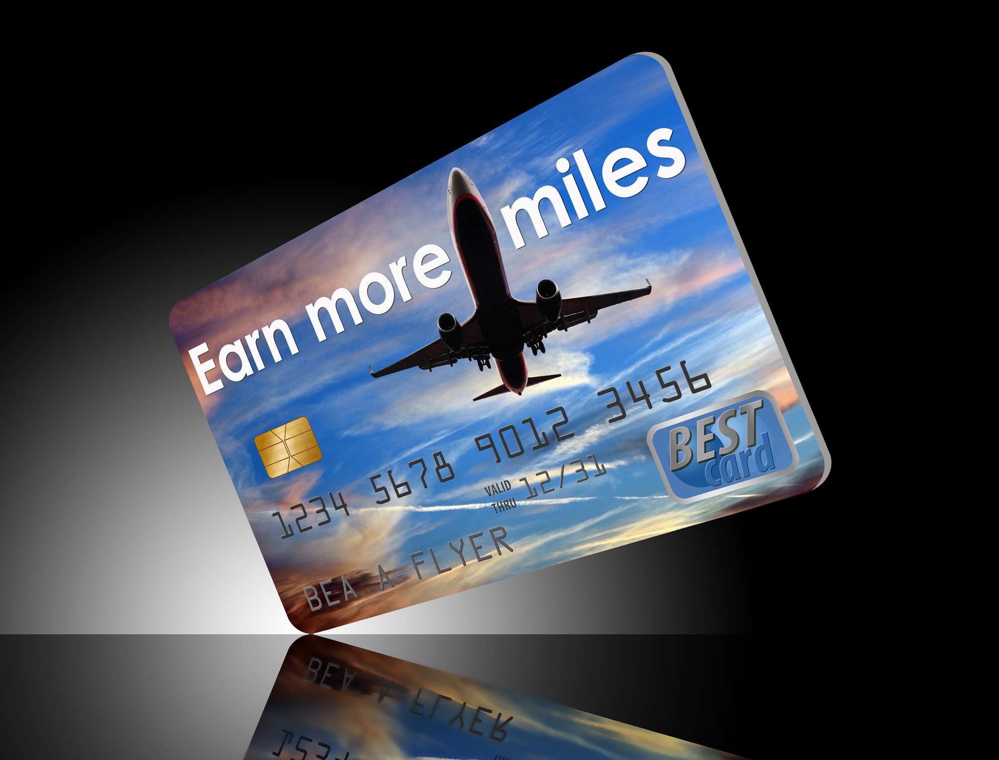 Earn more airline miles credit card on reflective dark background.