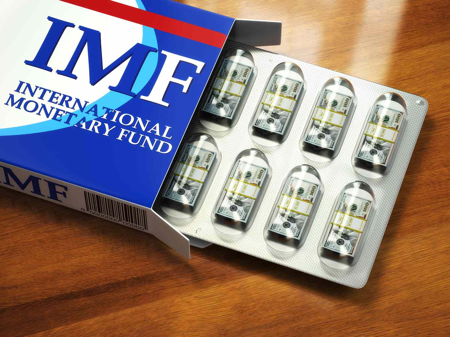 Concept IMF Tranches. Pack of Dollars as Pills