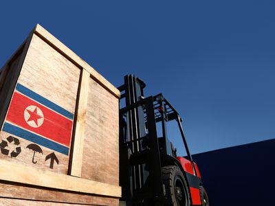 Truck with boxes on pallet and North Korea flag.
