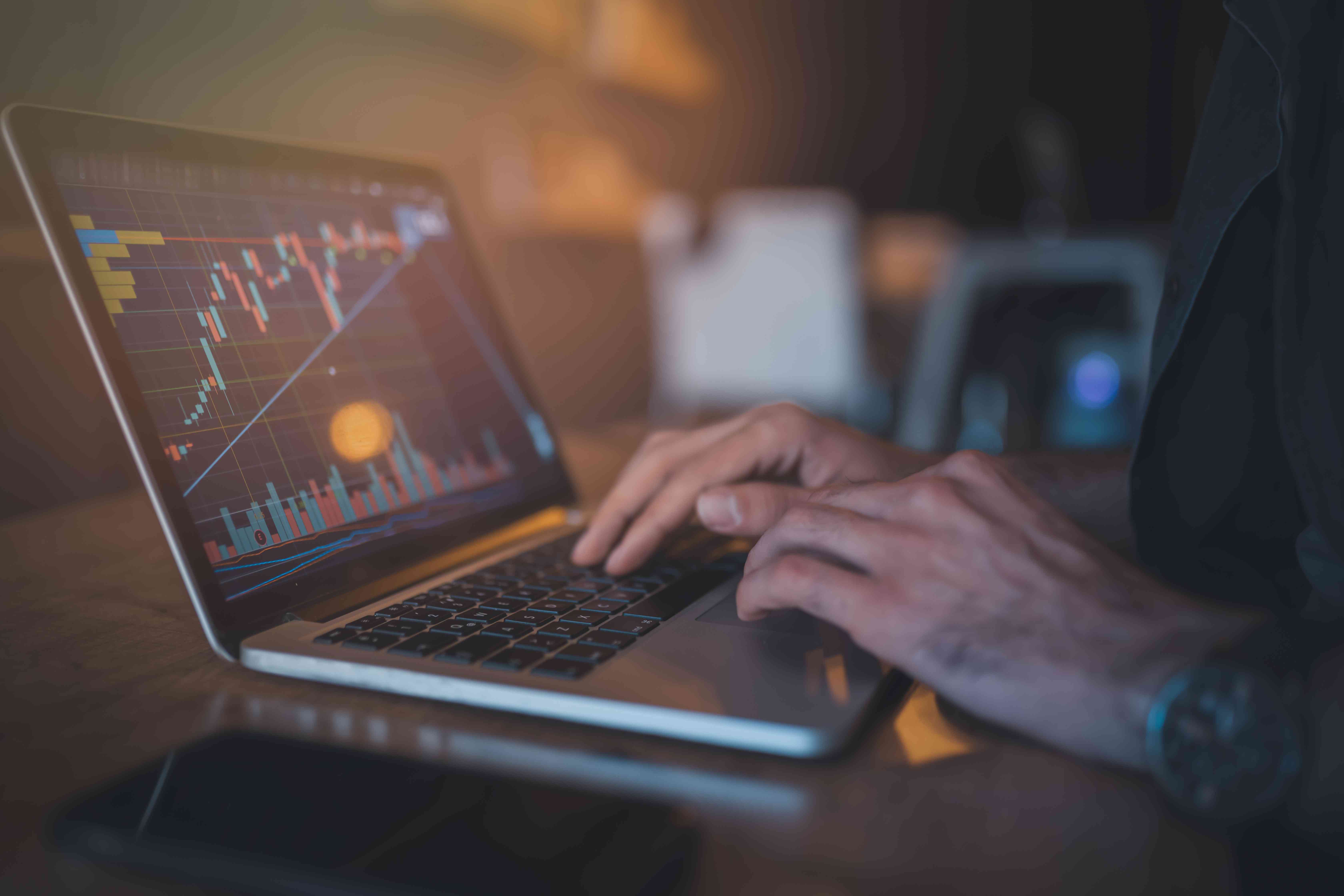 A person looks at stock market charts on a computer